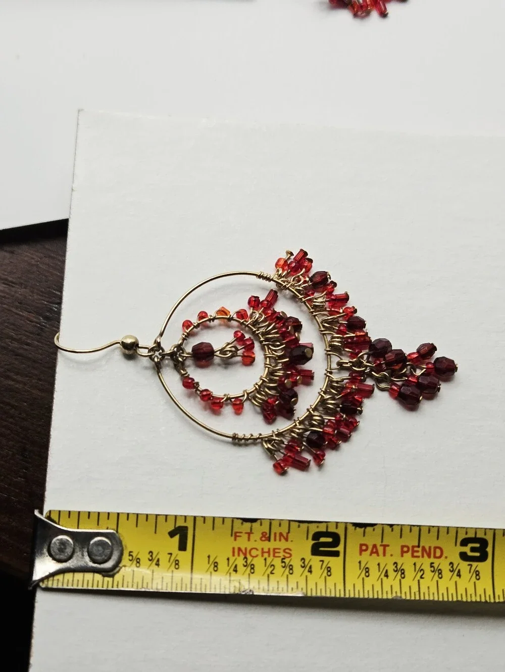 Vintage Gold Tone Hoop Chandelier Earrings with Red Beads